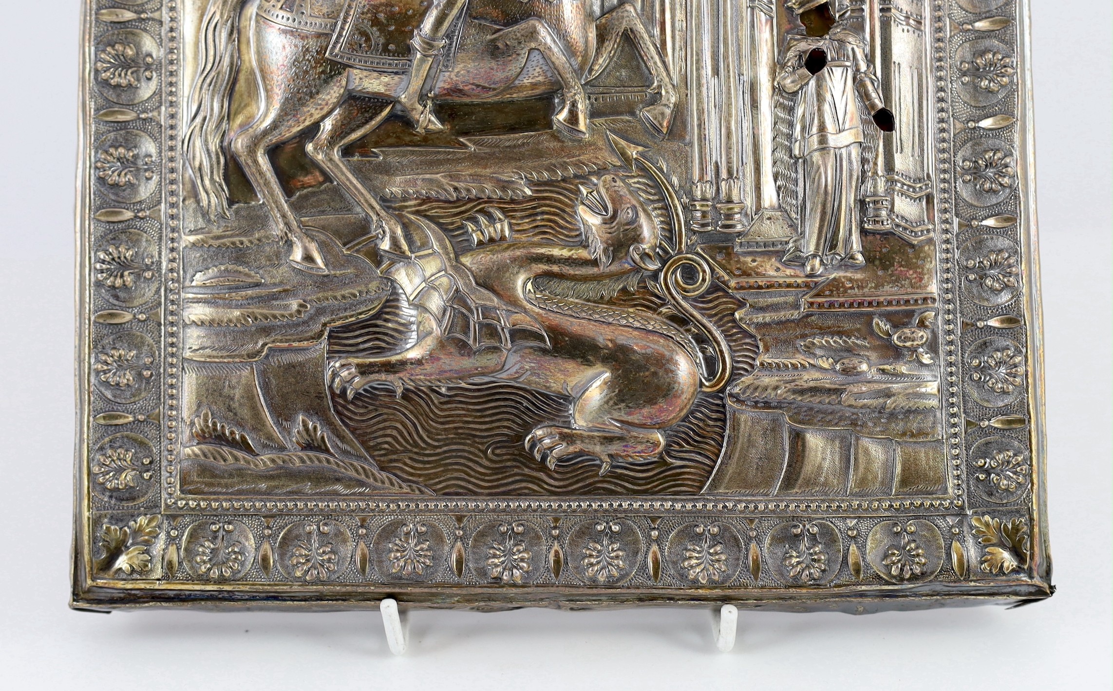 A 19th century Russian icon of St. George with silver oklad, dated 181?, 29 x 24cm